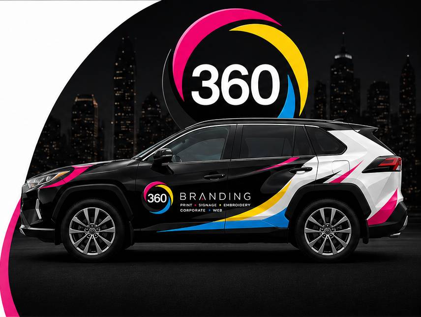 360 Branding vehicle wrap design on a branded SUV